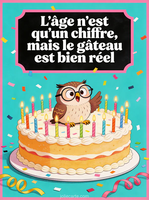 Chouette à lunettes posée sur gâteau géant couvert de bougies avec confettis et serpentins sur fond turquoise