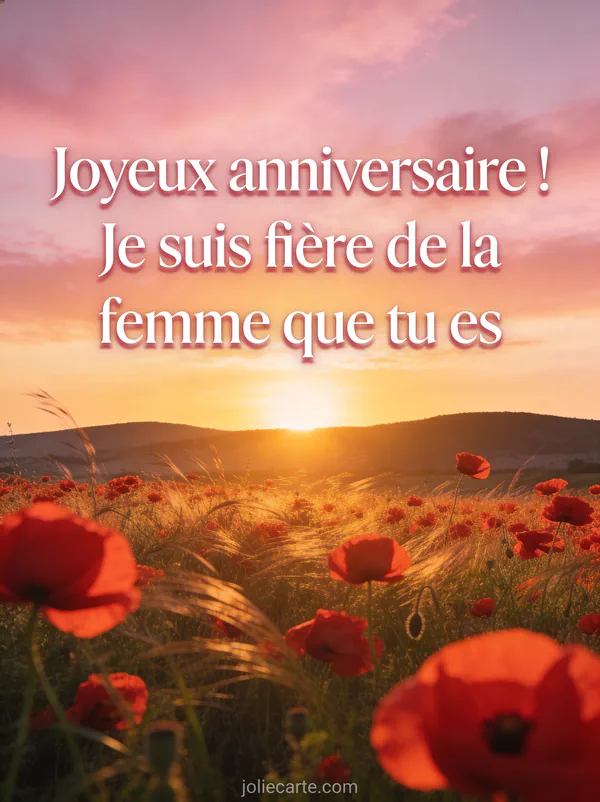 Coucher de soleil rose et doré au-dessus d'un champ de coquelicots rouges avec collines à l'horizon anniversaire belle-fille
