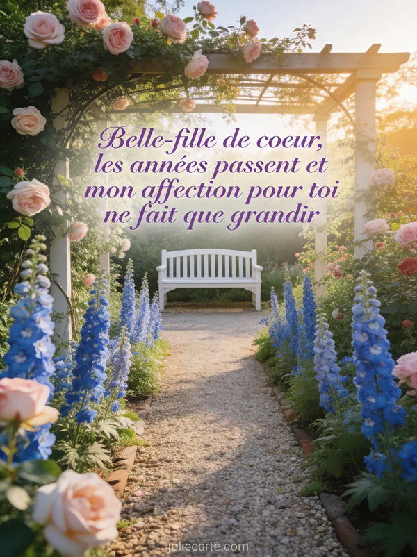 Jardin anglais avec roses anciennes roses et delphiniums bleus allée de gravier banc blanc sous pergola poème anniversaire