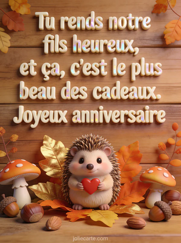 Hérisson tenant un petit cœur rouge entouré de feuilles d'automne dorées champignons et noisettes texte anniversaire belle-fille