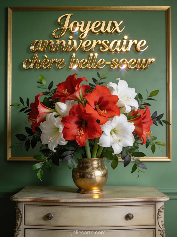 Bouquet d'amaryllis rouges et blanches dans vase doré sur commode ancienne devant mur vert sauge