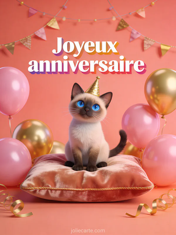 Chat siamois aux yeux bleus avec chapeau d'anniversaire doré entouré de ballons roses et guirlandes