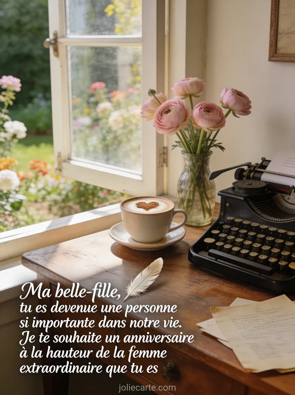 Bureau vintage avec machine à écrire tasse de cappuccino vase de renoncules roses fenêtre sur jardin lettre anniversaire belle-fille
