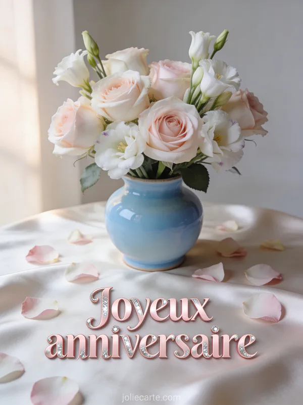 Roses anciennes roses pâle et lisianthus blancs dans vase céramique bleu pastel avec pétales sur satin