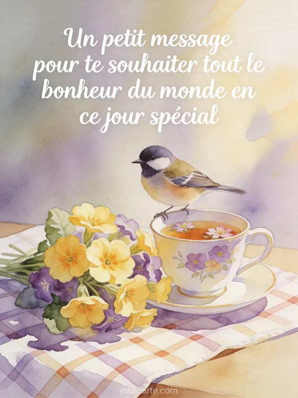 Moineau posé sur une tasse de thé fleurie avec bouquet de primevères jaunes et mauves sur nappe à carreaux SMS anniversaire belle-fille