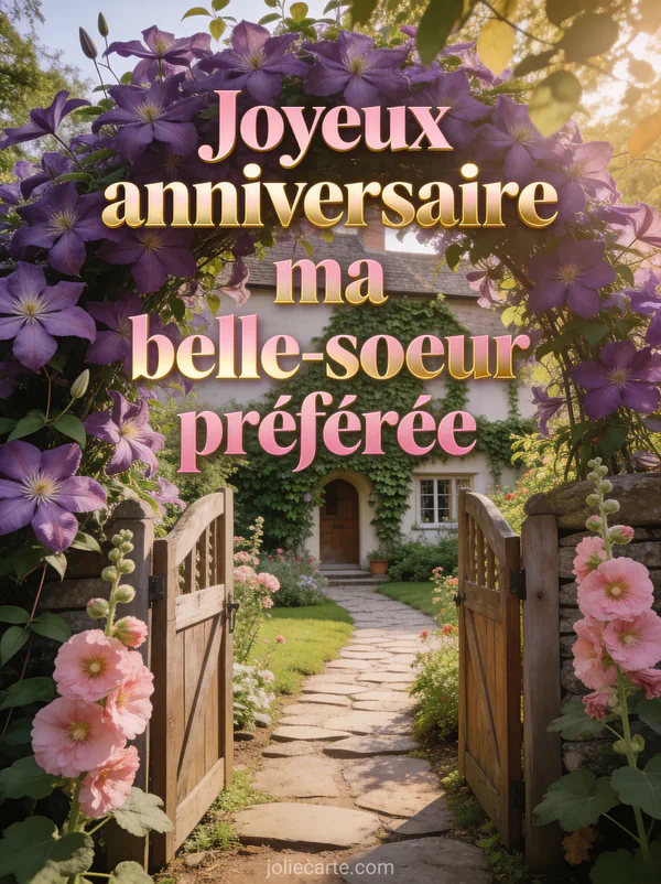 Portail de jardin cottage anglais avec clématites mauves et roses trémières chemin de pierre photo réaliste