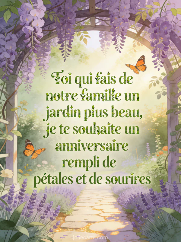 Tonnelle couverte de glycine violette en cascade avec papillons monarques allée de lavande poème anniversaire belle-fille