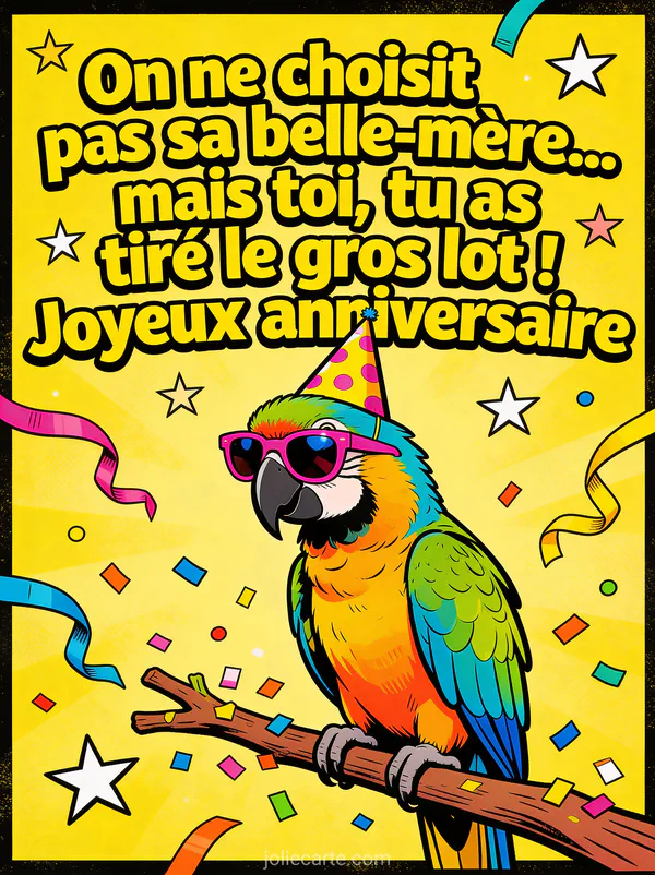 Perroquet ara coloré avec chapeau de fête et lunettes de soleil roses sur branche avec confettis fond jaune anniversaire humour