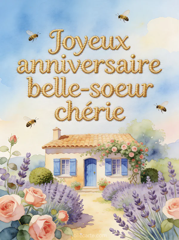 Cottage provençal volets bleus entouré de lavande et rosiers grimpants avec abeilles aquarelle chaleureuse