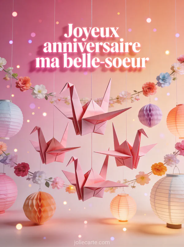 Flamants roses en origami suspendus avec guirlandes de fleurs et lanternes pastel sur fond rose et pêche