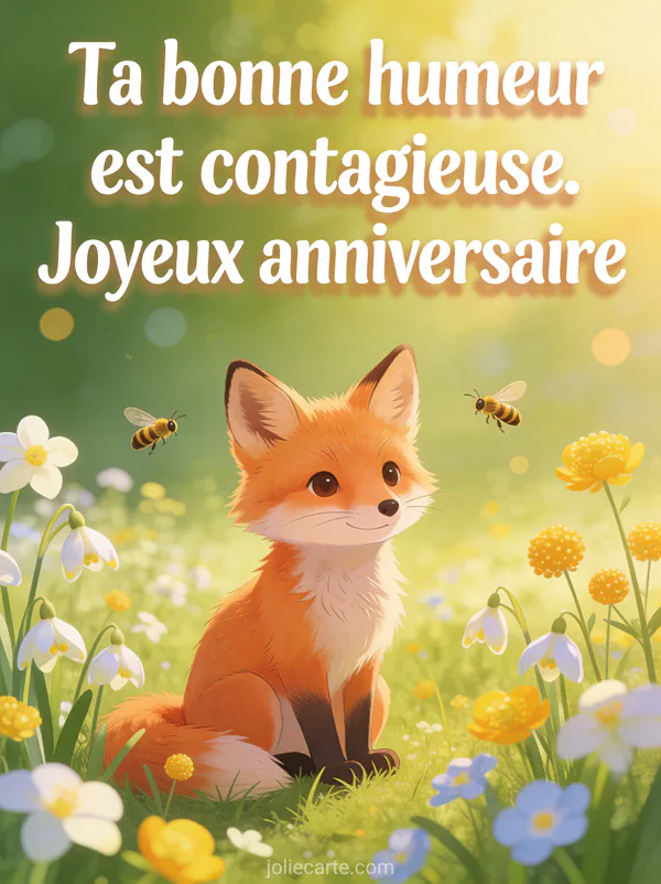 Renard roux assis dans un pré fleuri de pâquerettes et boutons d'or lumière dorée du matin mot anniversaire belle-fille
