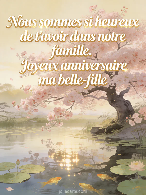 Cerisier en fleurs roses au bord d'un étang calme avec nénuphars et reflets dans l'eau modèle texte anniversaire belle-fille