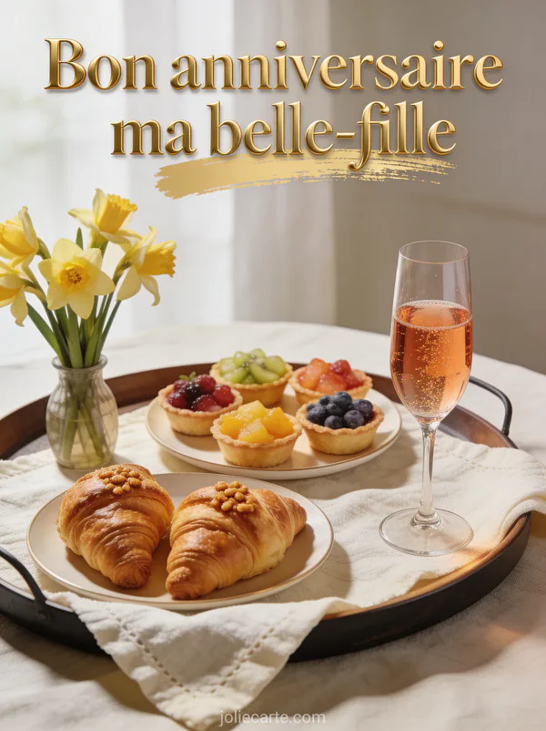 Plateau de brunch avec tartelettes aux fruits croissants flûte de champagne rosé et jonquilles bon anniversaire belle-fille