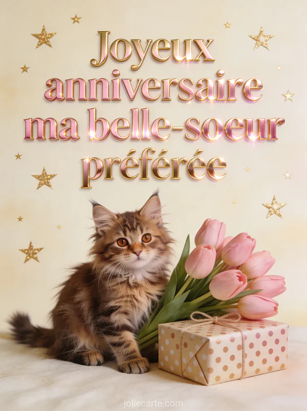 Chaton maine coon brun tabby moelleux à côté de tulipes roses et cadeau à pois sur fond crème doré