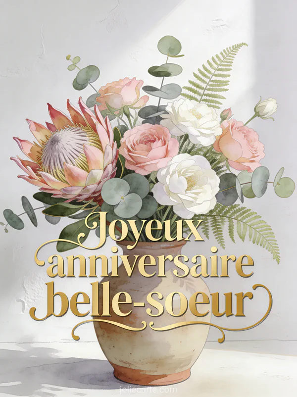 Arrangement de protéas roses et blanches avec eucalyptus et fougères dans vase en grès artisanal