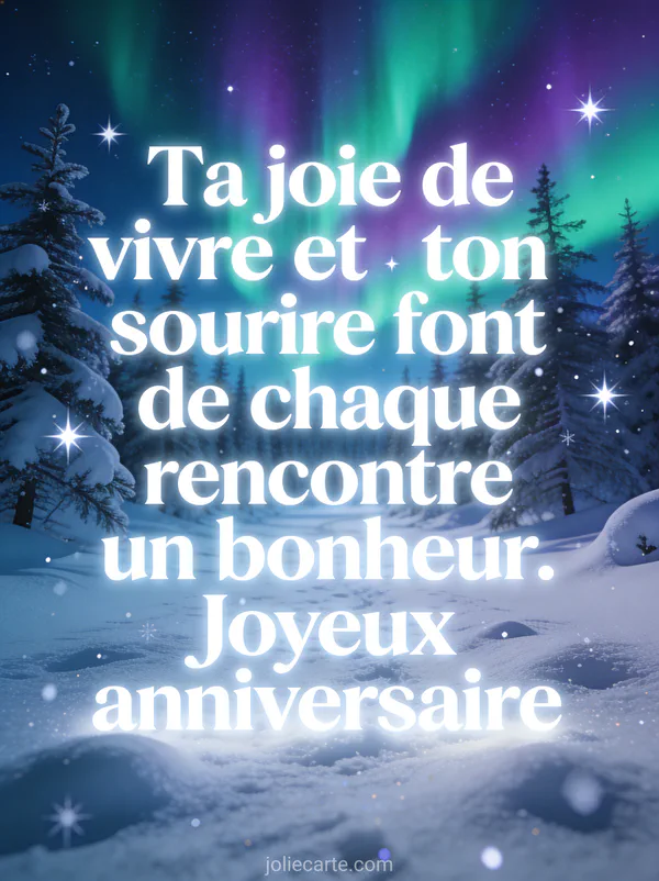 Aurore boréale verte et violette au-dessus d'une forêt de sapins enneigés avec étoiles brillantes texte anniversaire belle-fille