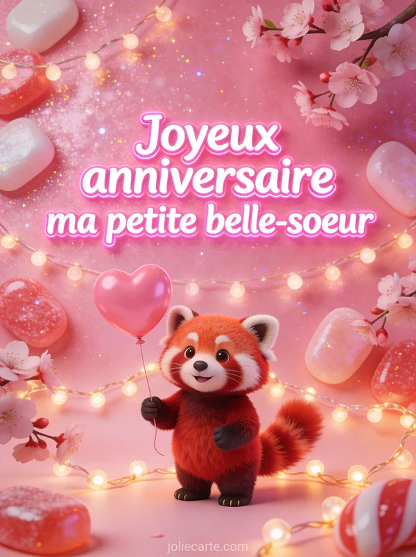 Panda roux tenant un ballon cœur rose entouré de guirlandes lumineuses et fleurs de cerisier 3D