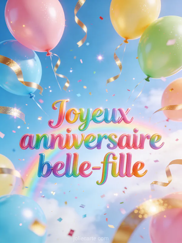 Pluie de ballons colorés pastel avec rubans dorés et confettis scintillants sur fond bleu ciel joyeux anniversaire belle-fille
