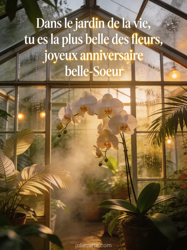 Serre victorienne en verre avec orchidées suspendues et lumière dorée tamisée ambiance romantique