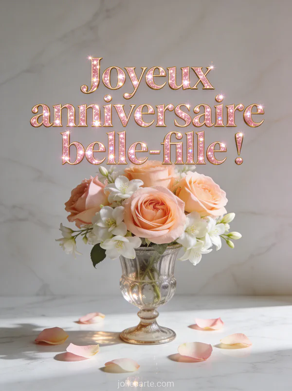 Roses garden pêche et jasmin blanc dans vase en verre vintage sur marbre blanc pétales éparpillés texte anniversaire belle-fille