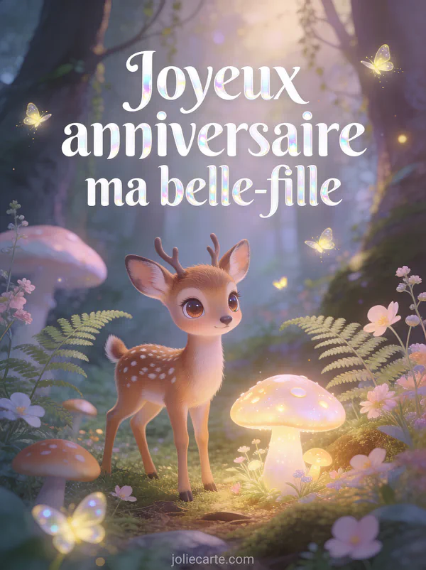 Faon aux grands yeux dans un sous-bois enchanté avec champignons lumineux fougères et lucioles joyeux anniversaire belle-fille
