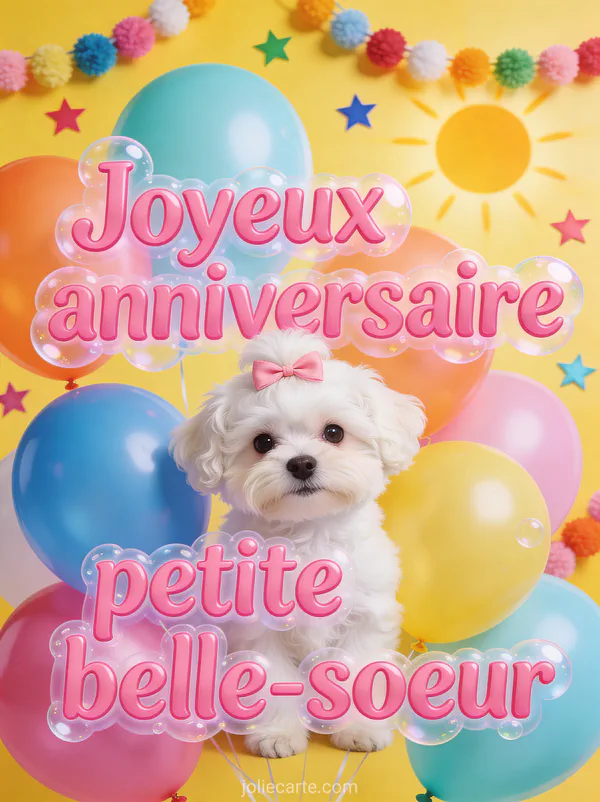 Chiot bichon frisé blanc avec nœud rose entouré de ballons colorés et guirlandes de pompons sur fond jaune