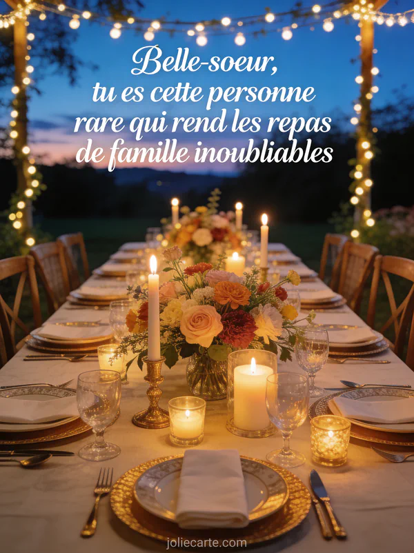 Table de fête dressée en extérieur sous guirlandes lumineuses avec fleurs bougies et belle vaisselle au crépuscule