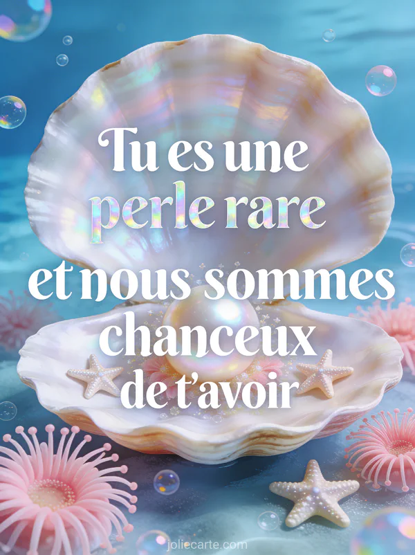 Coquillage nacré ouvert avec perle lumineuse étoiles de mer et anémones roses sur fond bleu océan anniversaire belle-fille texte