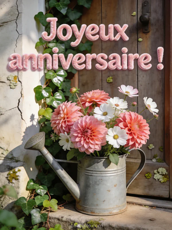 Bouquet de dahlias corail et cosmos blancs dans arrosoir zinc vintage sur pas de porte rustique avec lierre carte anniversaire belle-fille