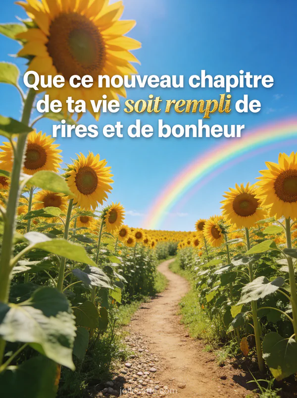 Champ de tournesols géants sous ciel bleu avec arc-en-ciel et chemin de terre texte anniversaire belle-fille