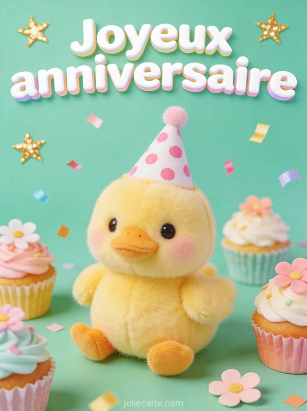 Petit canard jaune en peluche avec chapeau de fête entouré de cupcakes et confettis sur fond vert menthe