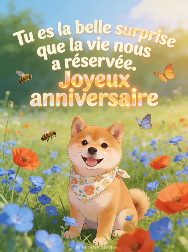Chiot shiba inu souriant avec bandana floral dans un champ de bleuets et coquelicots texte anniversaire belle-fille