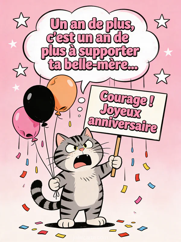 Chat tigré gris avec expression dramatique tenant une pancarte ballons dégonflés et confettis anniversaire humour belle-fille