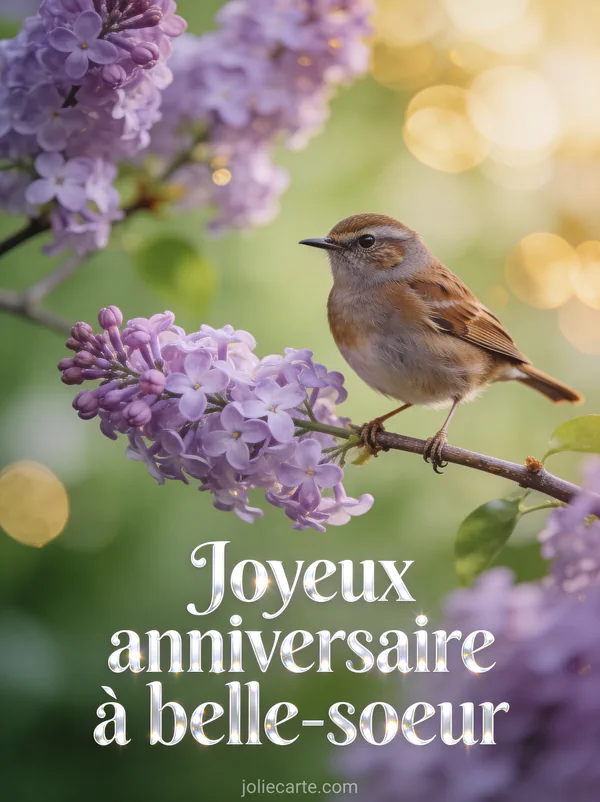 Moineau brun perché sur brindille de lilas mauve en fleurs avec bokeh vert et doré illustration naturaliste