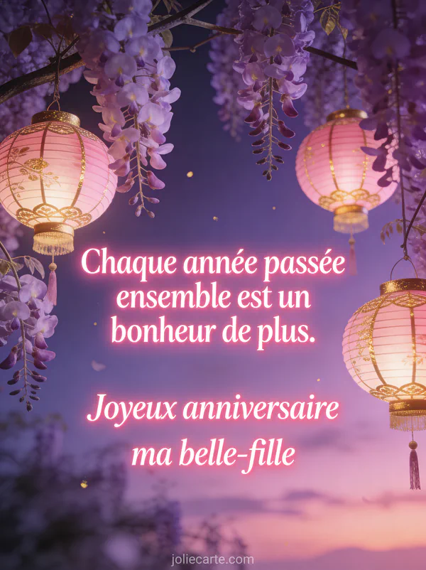 Lanternes japonaises roses et dorées parmi des branches de glycine mauve fond crépusculaire message anniversaire belle-fille