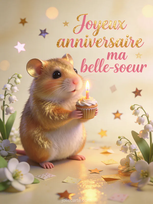 Hamster doré tenant un cupcake avec bougie entouré de muguet et confettis étoilés illustration 3D douce