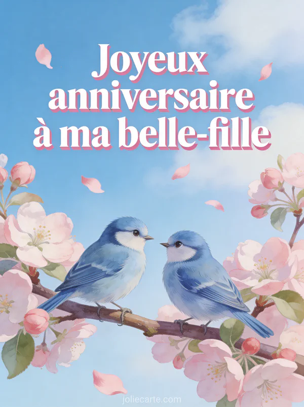 Deux mésanges bleues sur une branche de pommier en fleurs avec pétales roses volant joyeux anniversaire belle-fille
