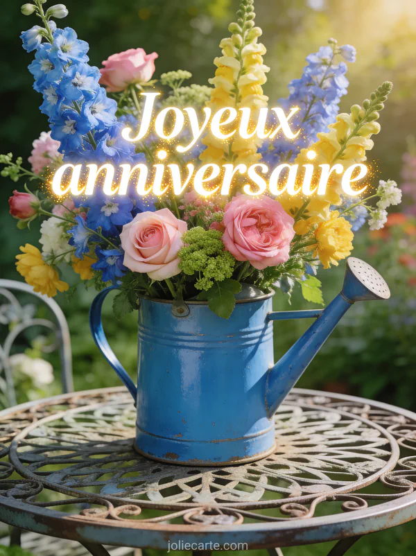 Bouquet de delphiniums bleus roses anglaises et snapdragons jaunes dans arrosoir bleu sur table de jardin