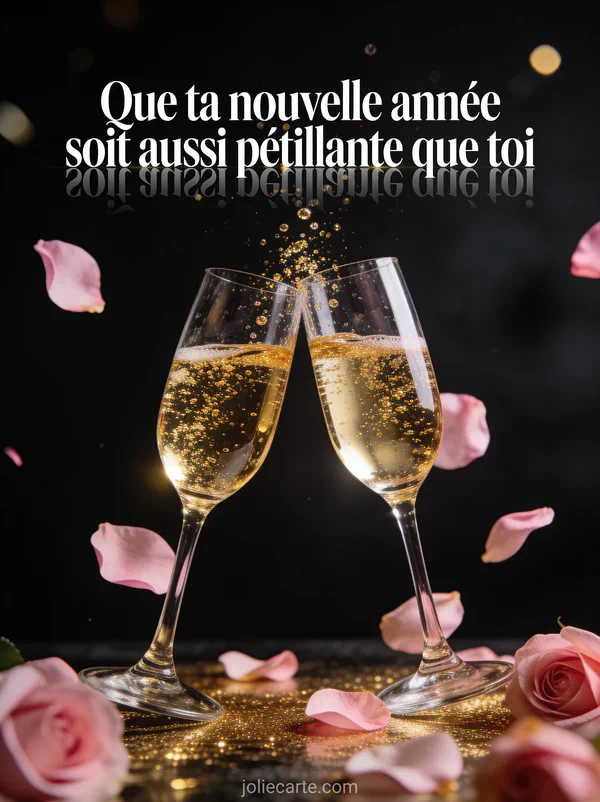 Verres de champagne qui trinquent avec bulles dorées et pétales de rose fond noir chic texte anniversaire belle-fille