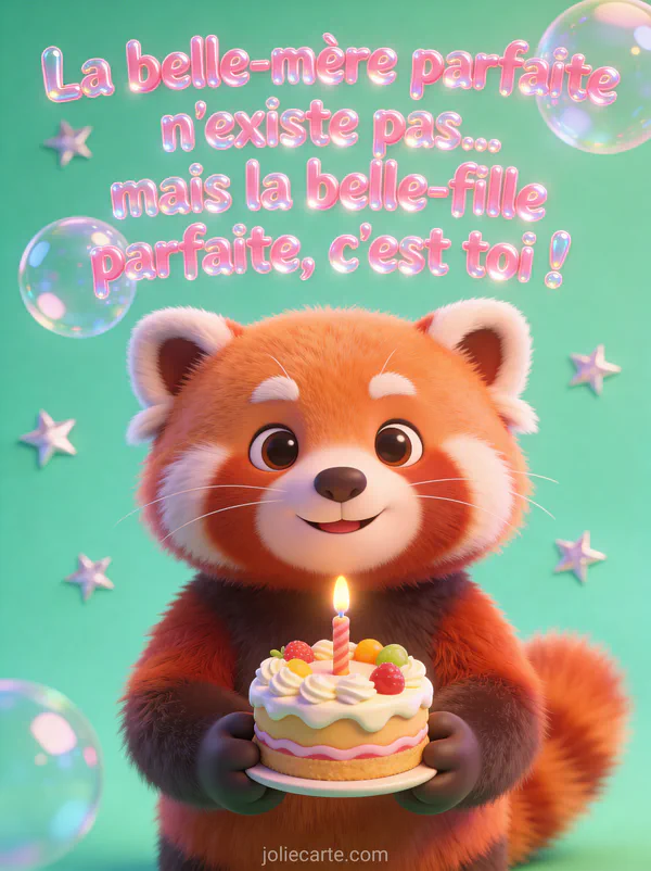 Panda roux tenant un gâteau d'anniversaire avec bougie expression malicieuse fond vert menthe anniversaire humour belle-fille