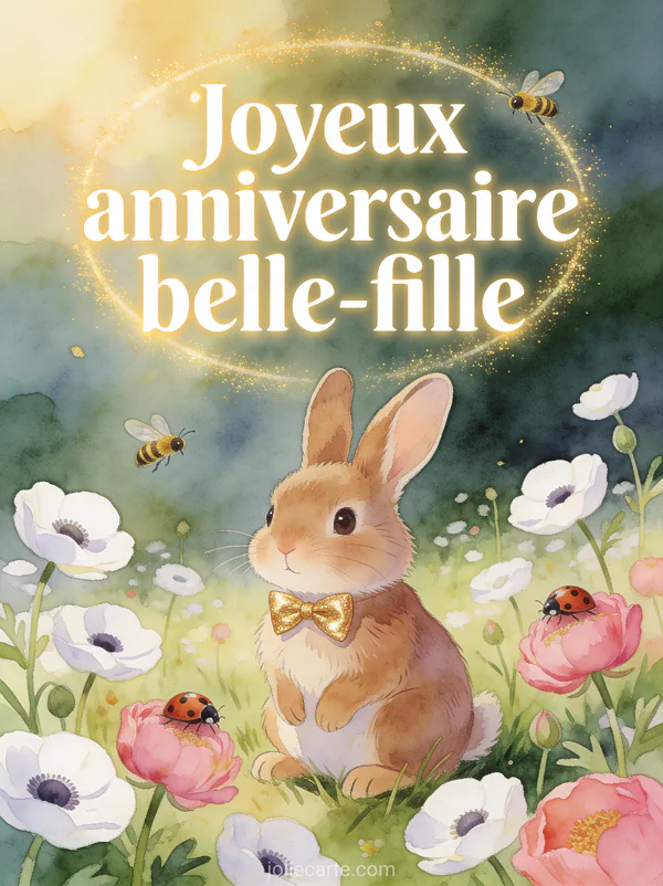 Petit lapin brun avec nœud papillon doré dans prairie d'anémones blanches et renoncules roses image anniversaire belle-fille