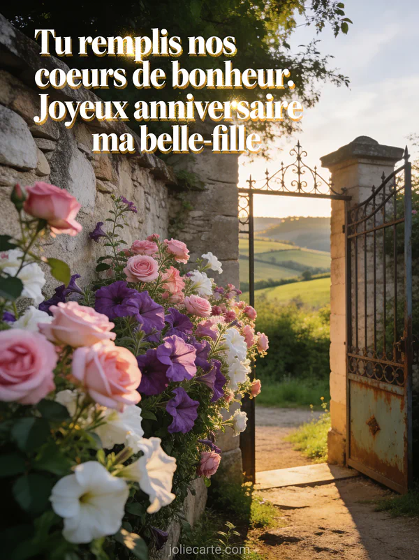 Roses trémières roses mauves et blanches le long d'un mur de pierre ancien avec portail en fer forgé texte anniversaire belle-fille