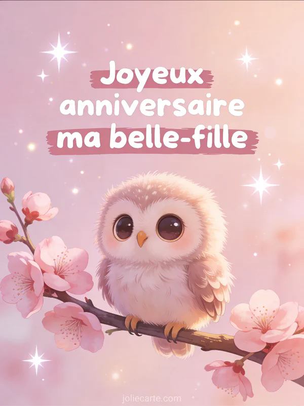 Bébé chouette aux grands yeux sur branche avec fleurs de prunier roses fond rose clair avec étoiles anniversaire belle-fille
