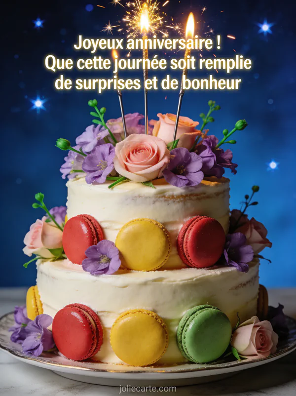 Gâteau d'anniversaire à deux étages décoré de macarons et fleurs fraîches avec sparklers fond bleu nuit étoilé anniversaire belle-fille