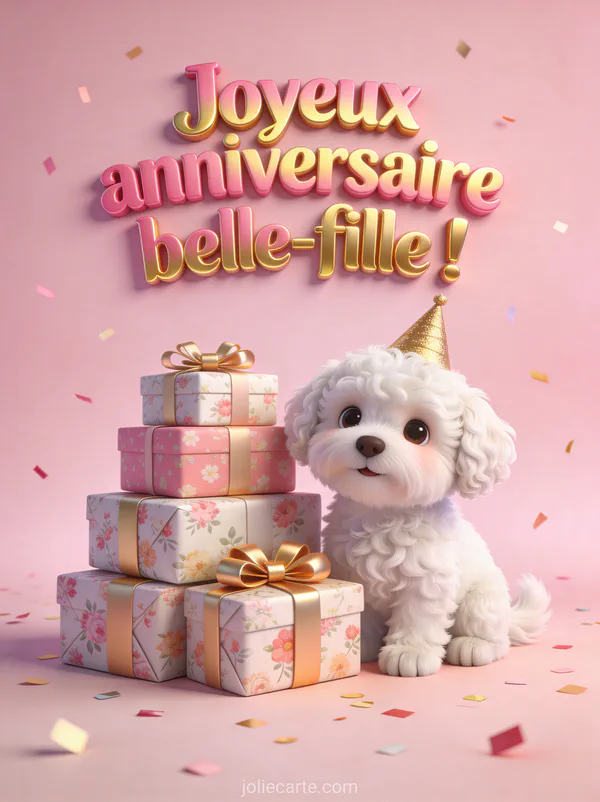 Chiot bichon frisé blanc avec chapeau doré à côté de cadeaux à motifs floraux avec confettis images anniversaire belle-fille