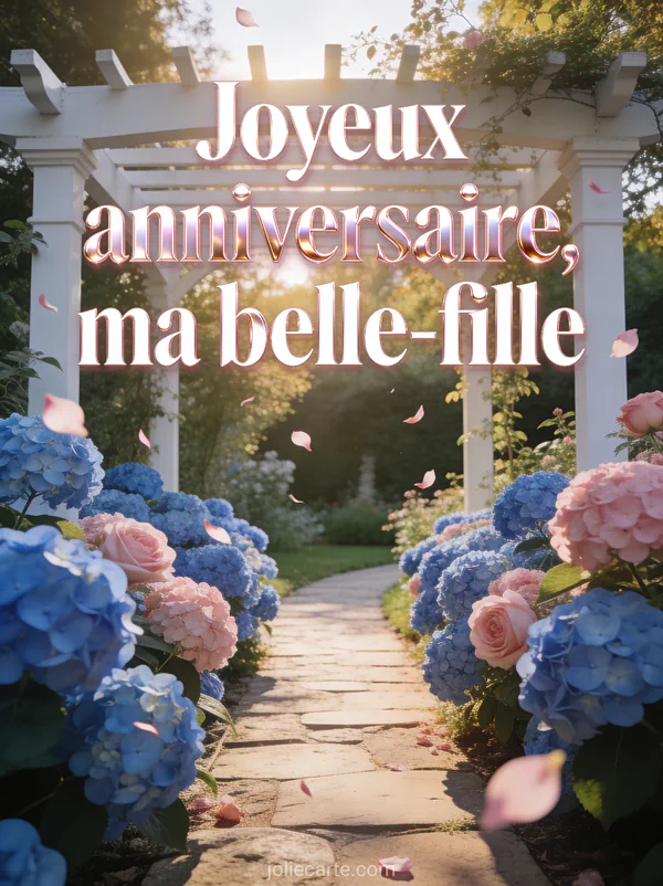 Chemin bordé d'hortensias bleus et roses menant à pergola blanche dans jardin romantique lumière dorée anniversaire belle-fille