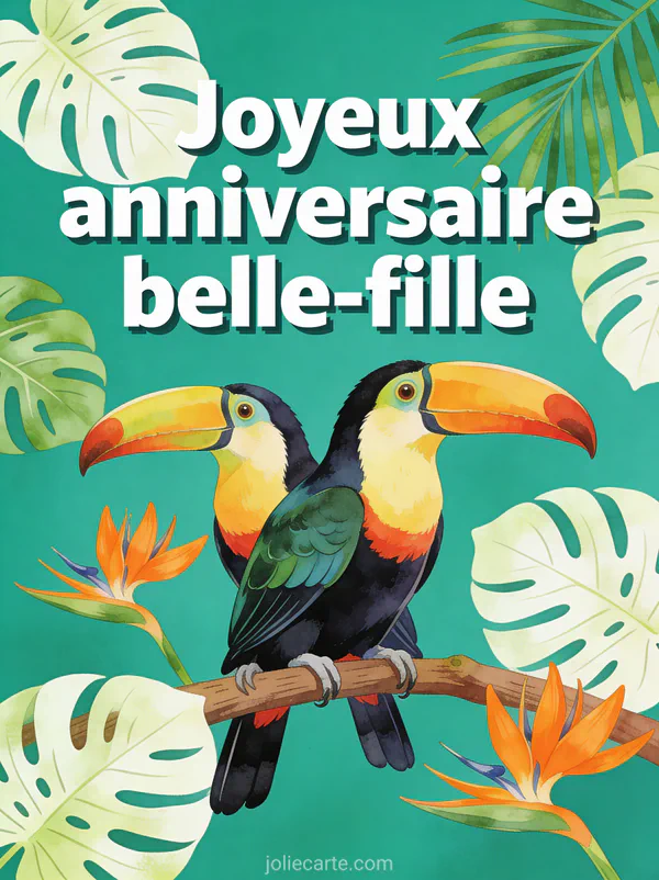 Toucans colorés sur branche tropicale avec feuilles de monstera et strelitzias oranges fond vert anniversaire belle-fille
