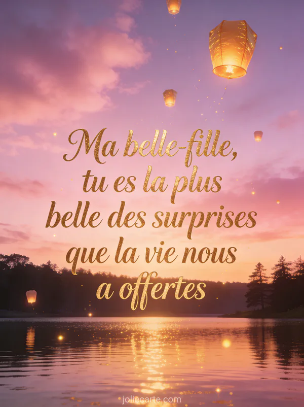 Lanternes volantes dorées dans ciel coucher de soleil rose et violet au-dessus d'un lac texte anniversaire belle-fille