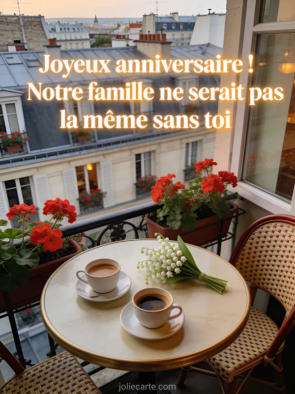 Terrasse de café parisien avec géraniums rouges tasses de café bouquet de muguet vue sur toits souhaiter anniversaire belle-fille