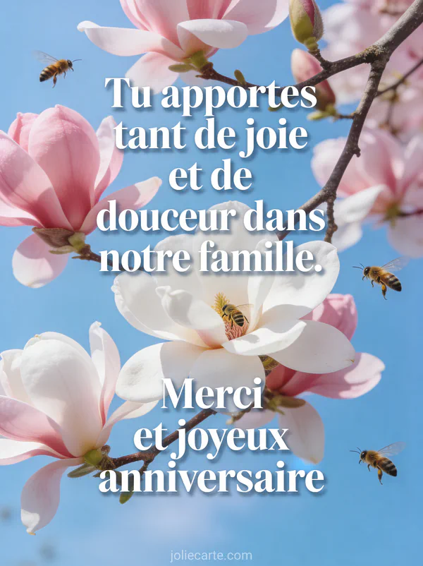 Branches de magnolia en fleurs roses et blanches sur fond bleu ciel avec abeilles texte anniversaire belle-fille